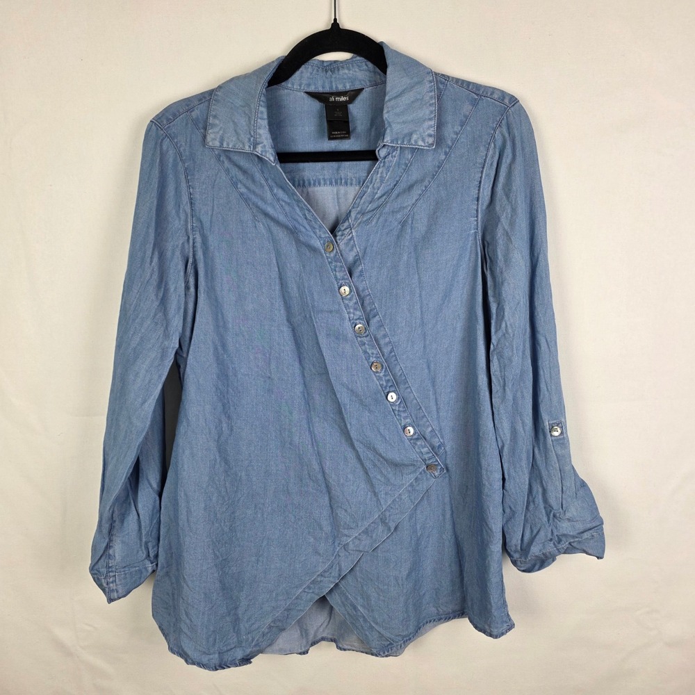 Ali Miles Blue Tencel Asymmetric Button Wrap Blouse‎ Roll Tab Sleeve Small